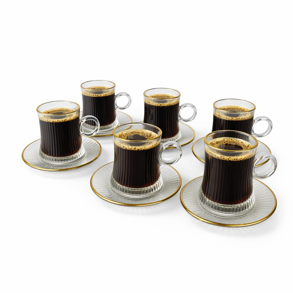 Xícara de Café com Pires Vidro Canelado Dourado 120ml 12 Peças - 8190B-6+6TG gold line