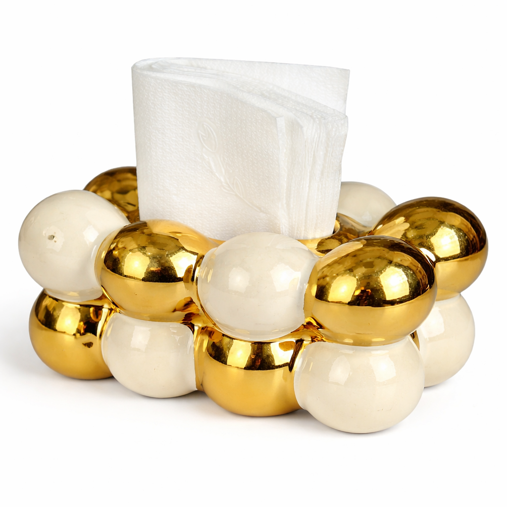 Porta-Guardanapo Oval em Cerâmica Preto com Detalhes Dourados