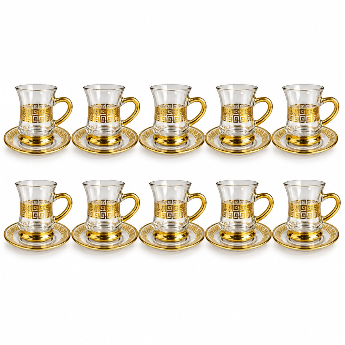 Conjunto de Xícaras Turcas de Vidro com Pires 90ml Borda Dourada Chá e Café Kit 2 a 12 Unidades Modelo Grego