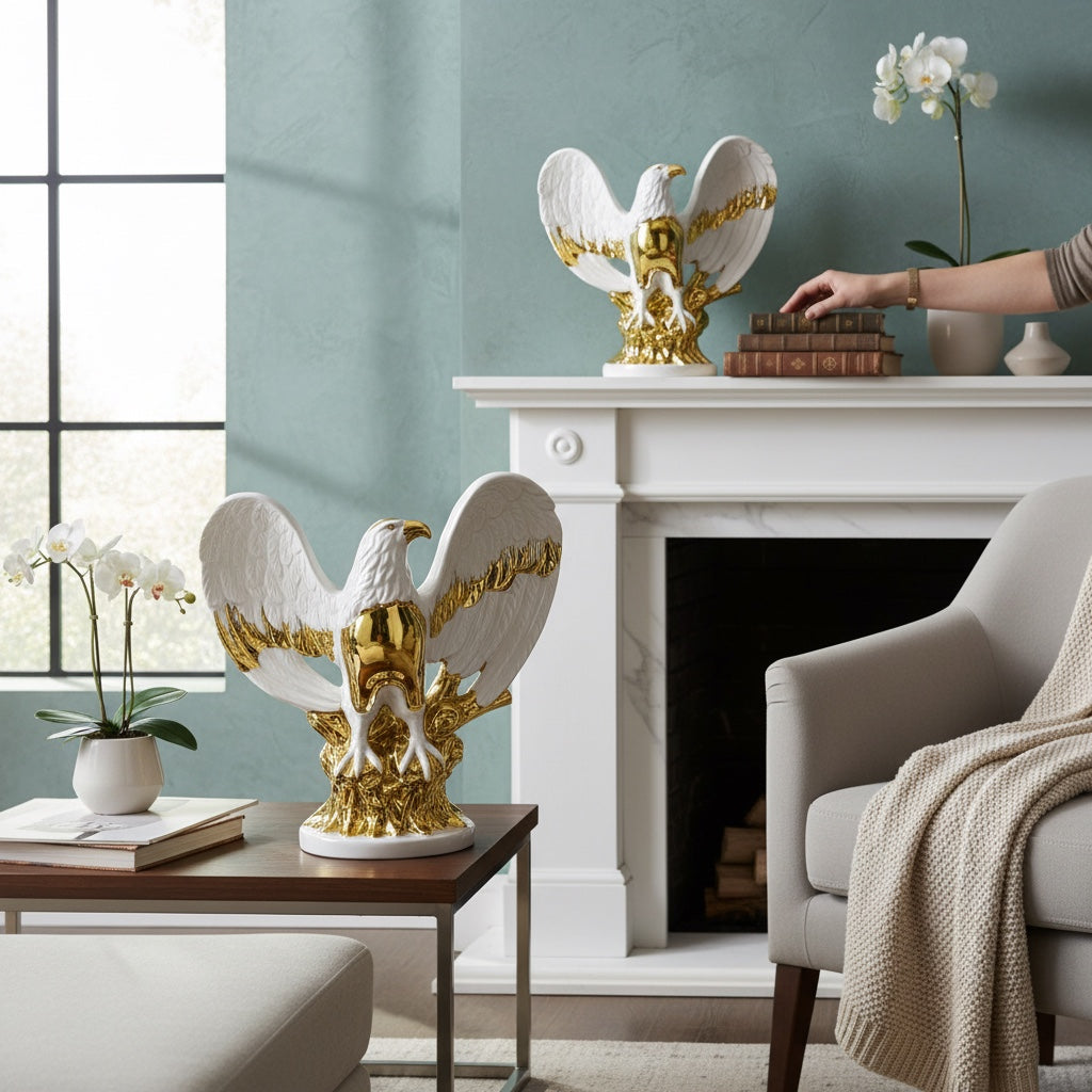Escultura Decorativa Águia Majestosa em Cerâmica Branca com Detalhes Dourados