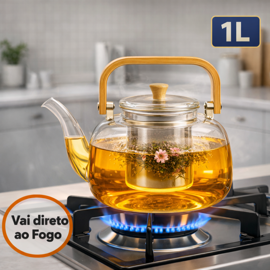 Chaleira Bule de Vidro 1000ML com Alça em Bambu