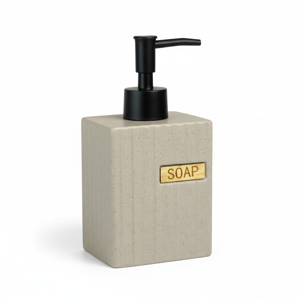 Dispenser de Sabonete Cerâmico Cinza com Tampa Preta e Detalhe em Bambu