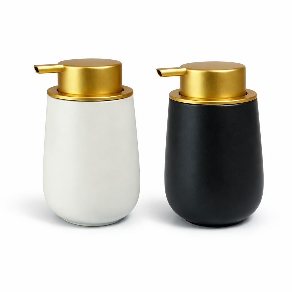 Dispenser de Sabonete Cerâmico Branco com Tampa Dourada Minimalista