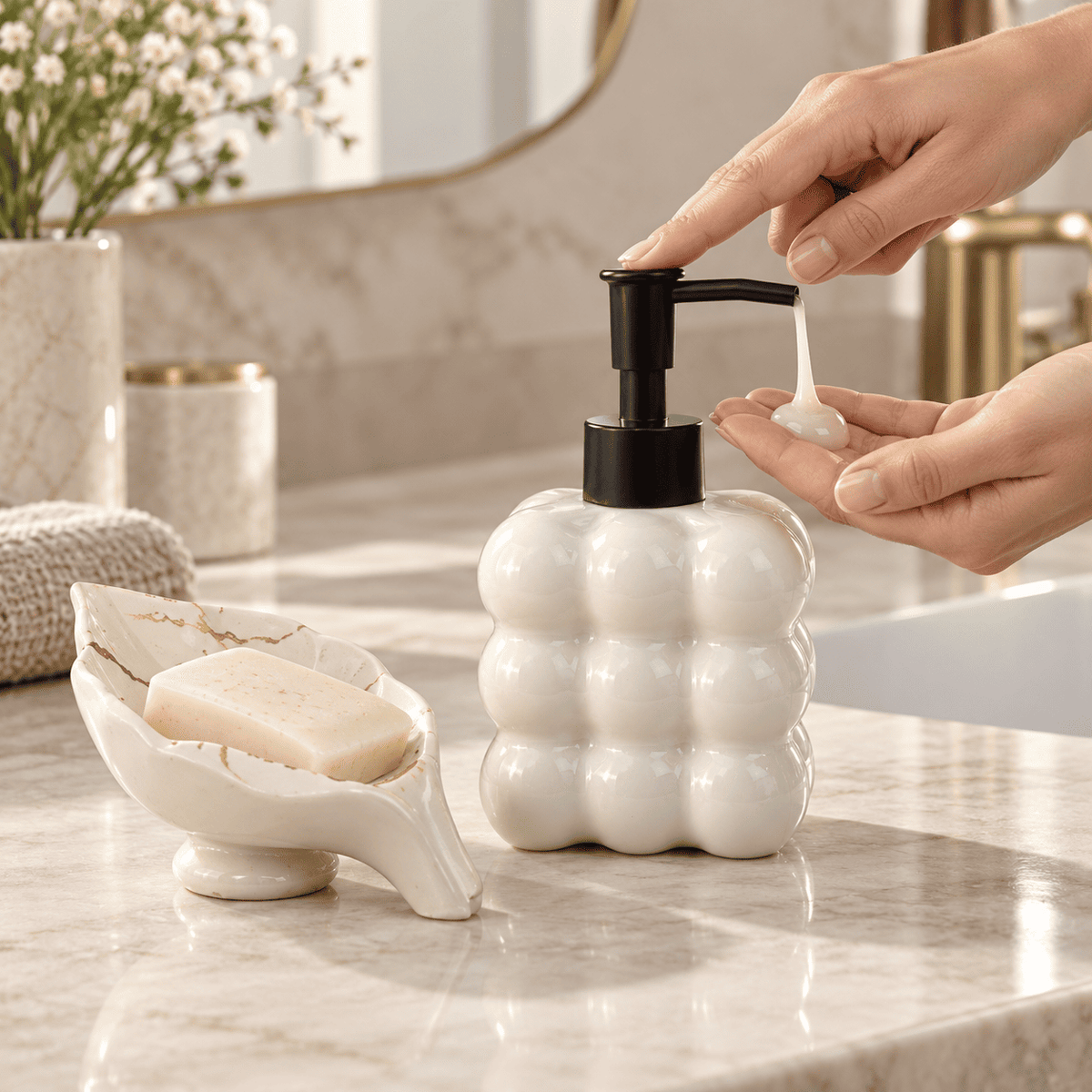 Kit Banheiro Dispenser Vidro Bolha 325ml + Saboneteira Cerâmica Preto ou Branco 2 Peças