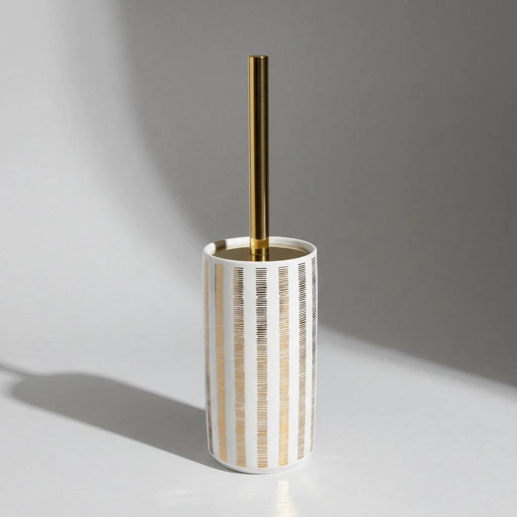 Suporte para Escova Sanitária Cerâmico Branco com Detalhes Dourados
