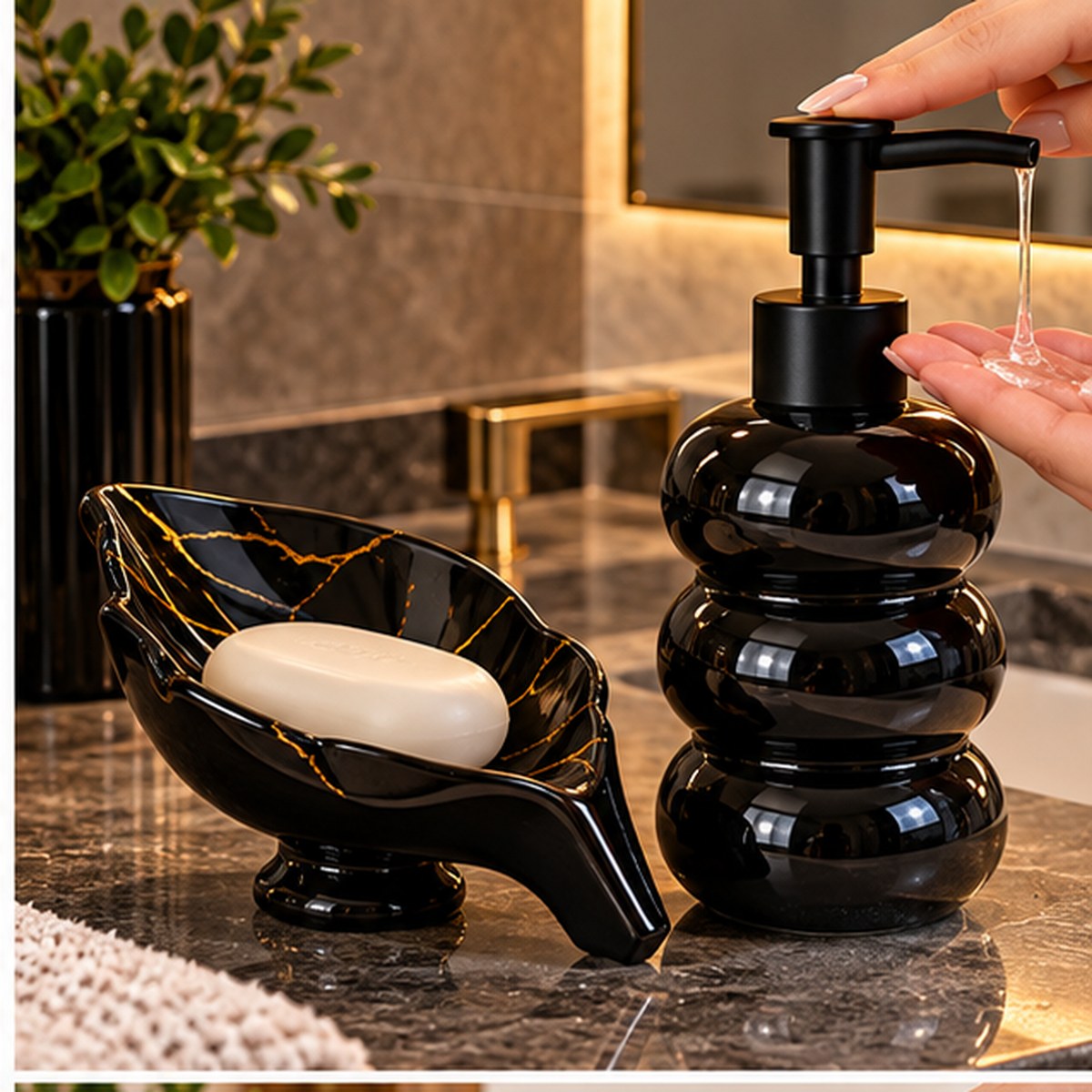 Kit Banheiro Dispenser Vidro Fosco 365ml com Saboneteira Cerâmica Preto ou Branco 2 Peças