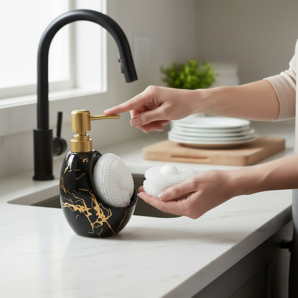 Dispenser de Sabonete Elegância em Cerâmica Branco ou Preto com Dourado