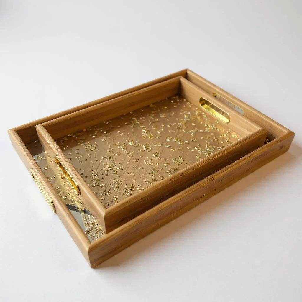 Bandeja Decorativa de Bambu Dourada Alidolado
