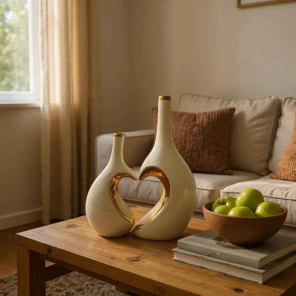 Conjunto de Vasos Decorativos com Coração Dourado Branco e Preto Alidolado - Alidolado