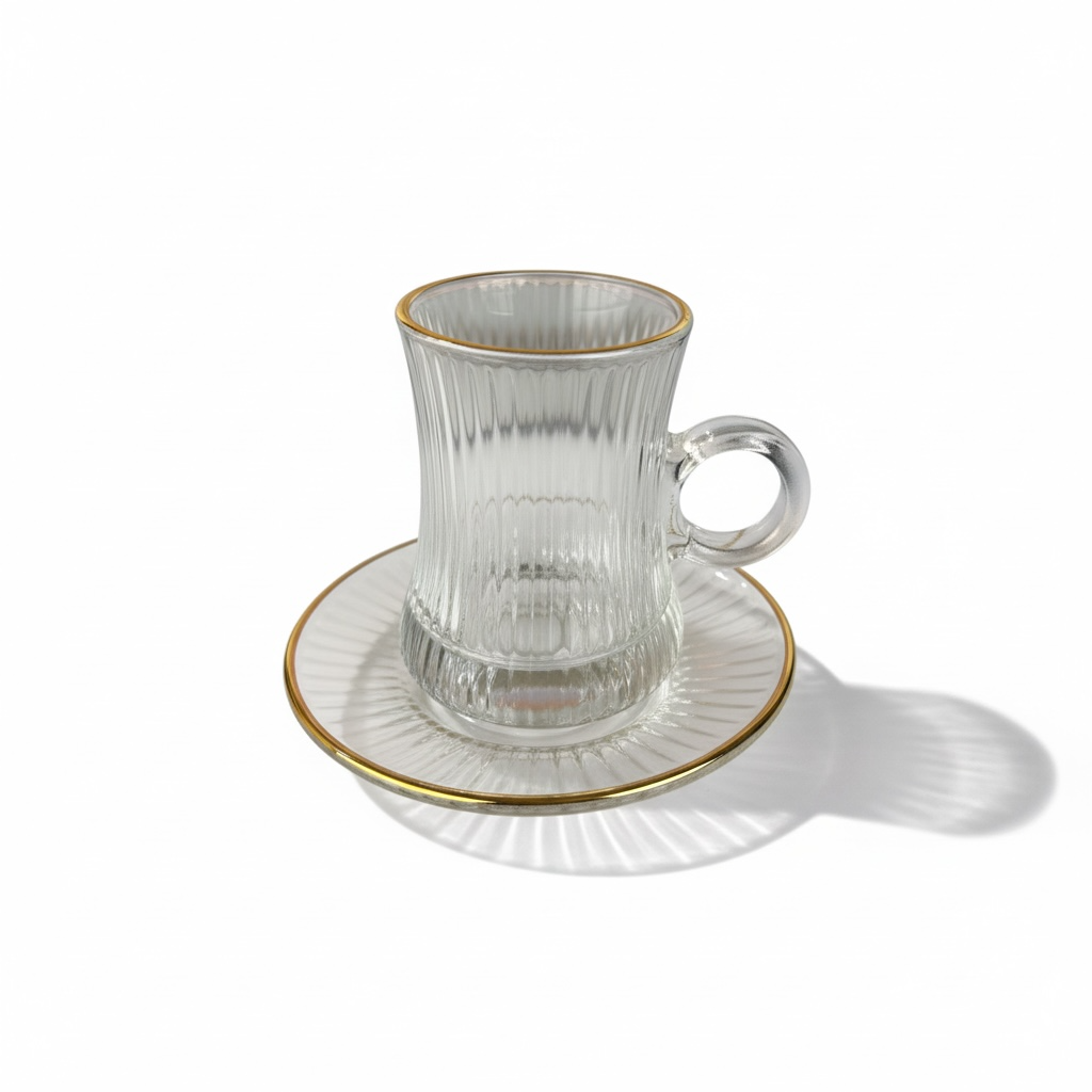 Xícara de Café com Pires Vidro Canelado Dourado 120ml 12 Peças - 8190B-6+6TG gold line