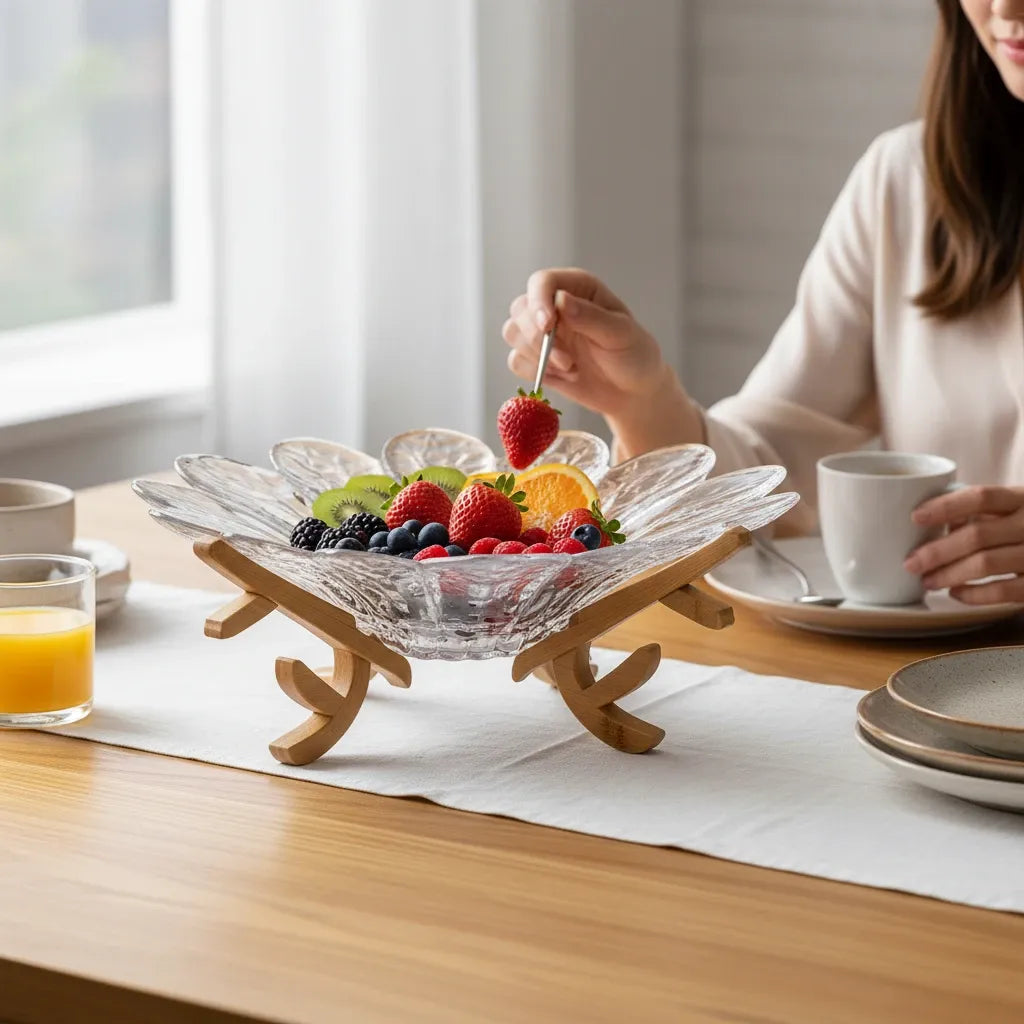 Fruteira de Vidro com Suporte em Bambu