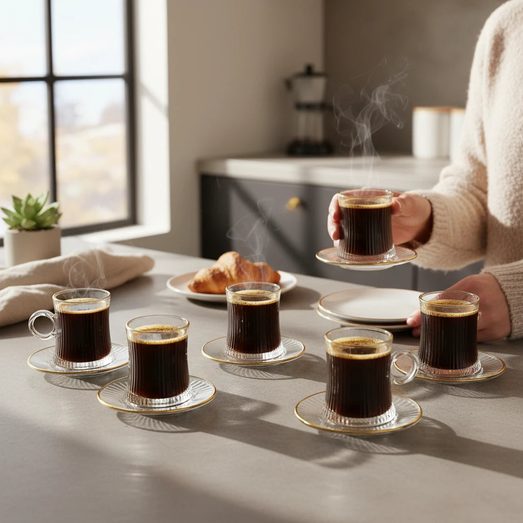 Xícara de Café com Pires Vidro Canelado Dourado 120ml 12 Peças - 8190B-6+6TG gold line