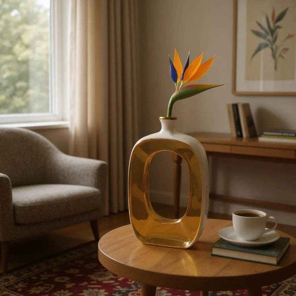 Vaso com Abertura Oval e Detalhes Dourados Alidolado