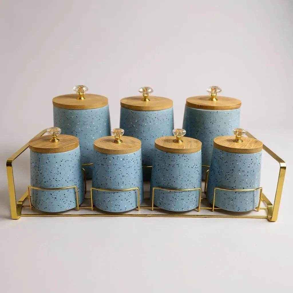 Conjunto de Cerâmica Azul com Bandeja de Madeira Alidolado - Alidolado