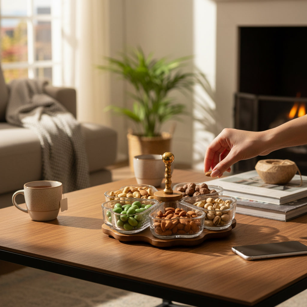 Petisqueira Giratória de Bambu com 5 Divisórias