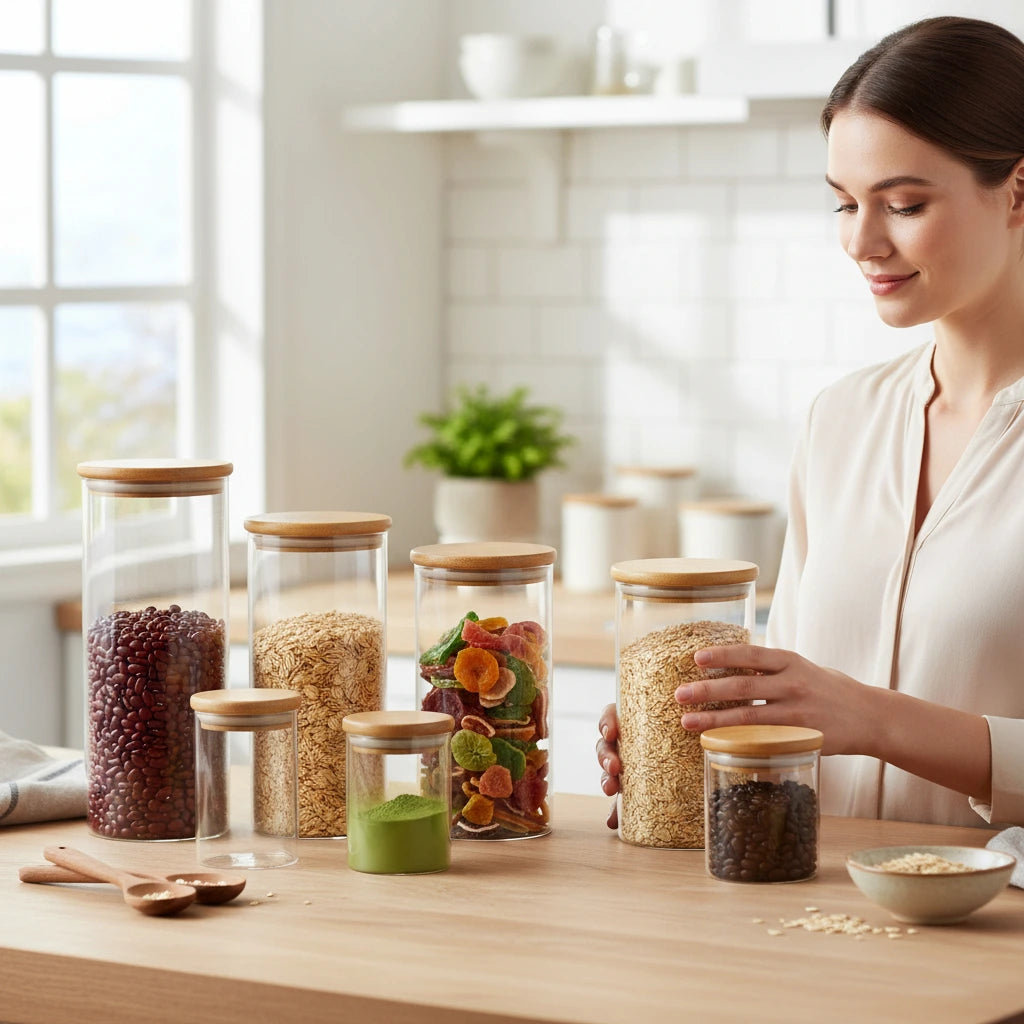 Kit Conjunto de 9 Potes Herméticos de Vidro Com Tampa de Bambu