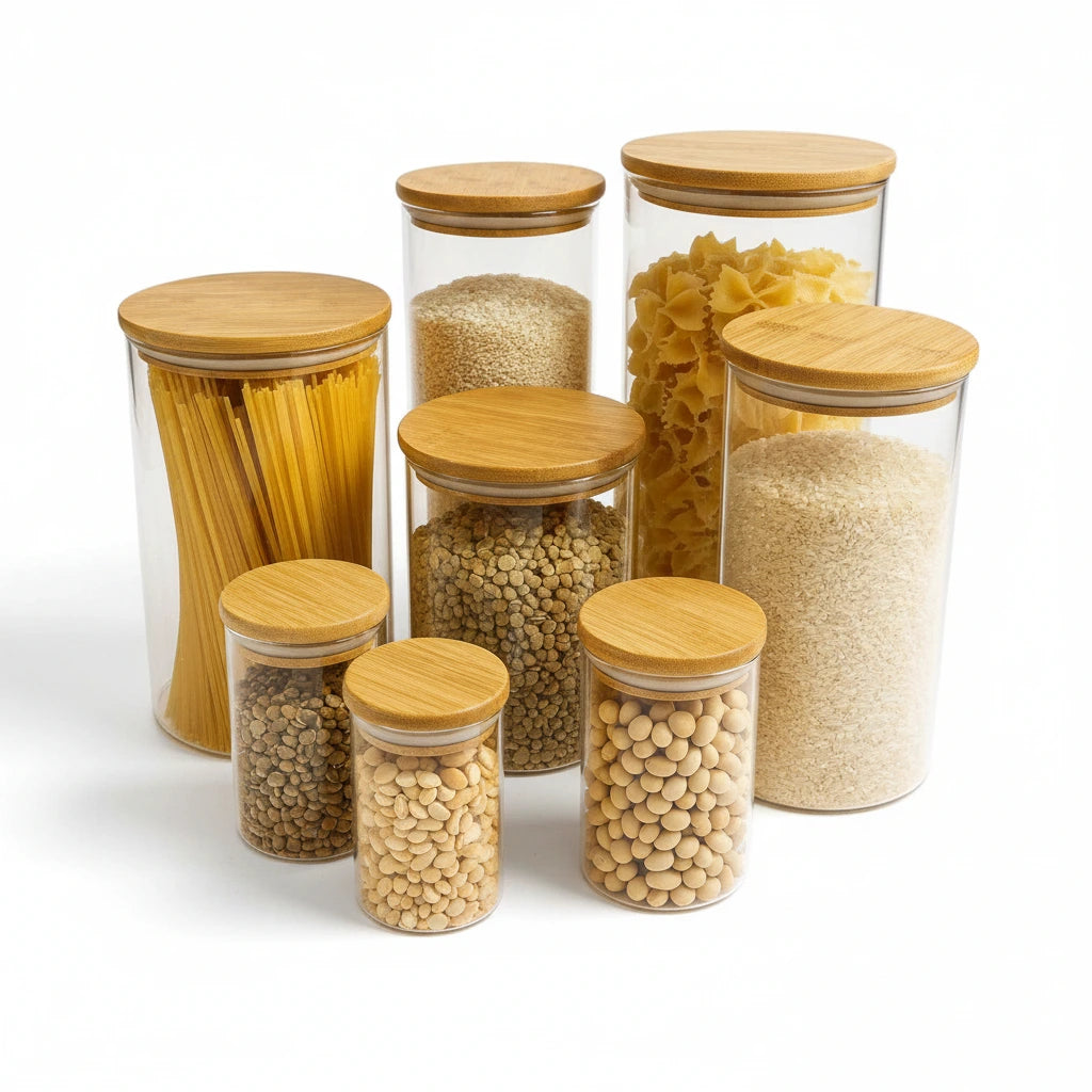 Kit Conjunto de 9 Potes Herméticos de Vidro Com Tampa de Bambu