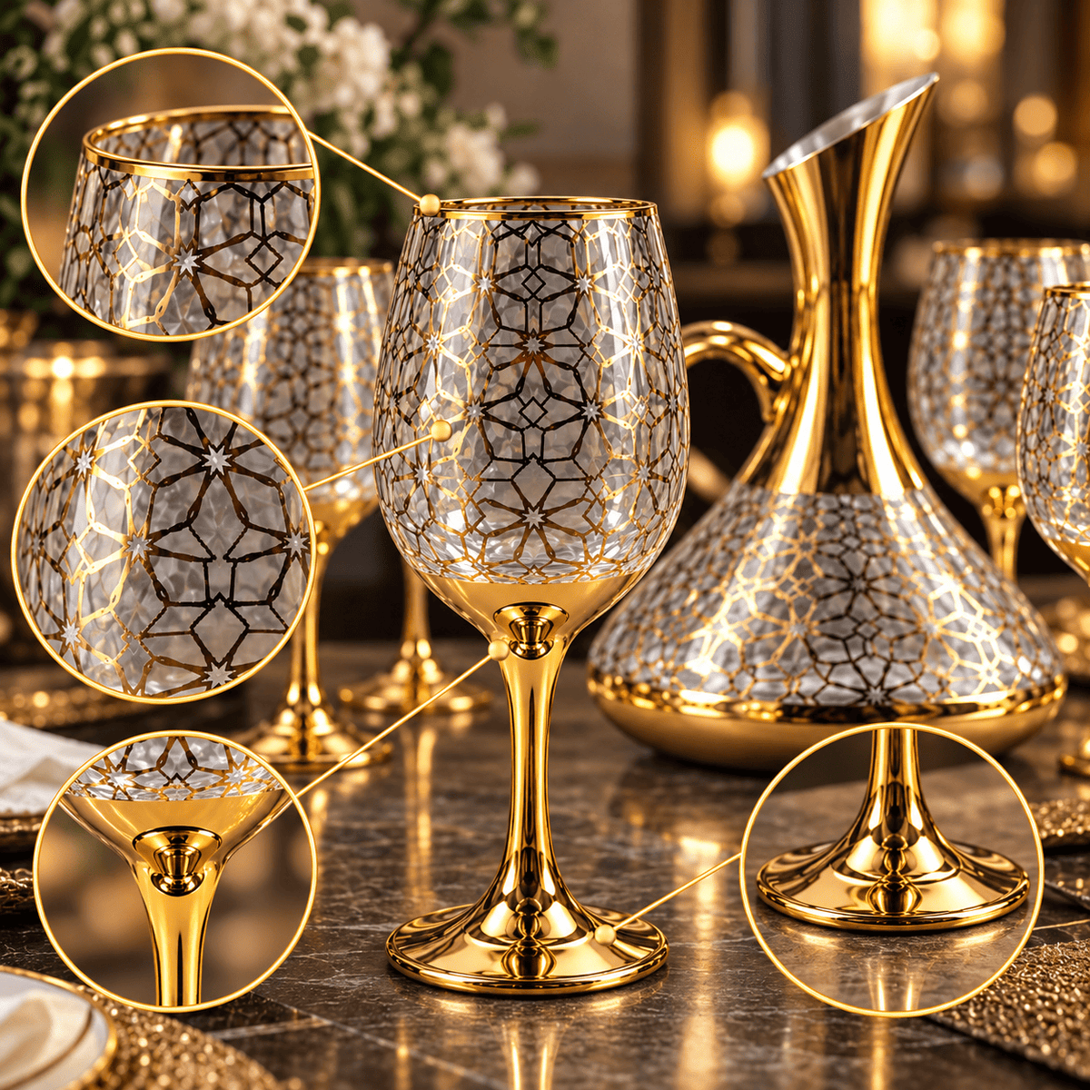 Conjunto Jarra Decanter de Vidro 1,5L Dourado com 6 Taças Decoradas Luxo Diversos Modelos