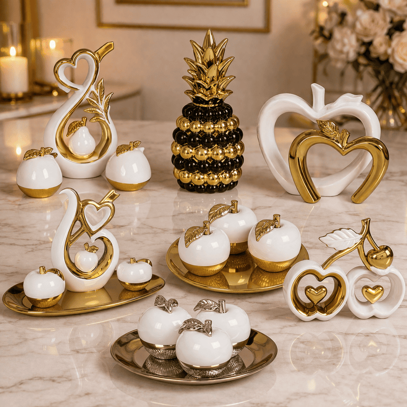 Conjunto de Esculturas Decorativas  Frutas em Cerâmica com Detalhes em Dourado ou Prata para Casa