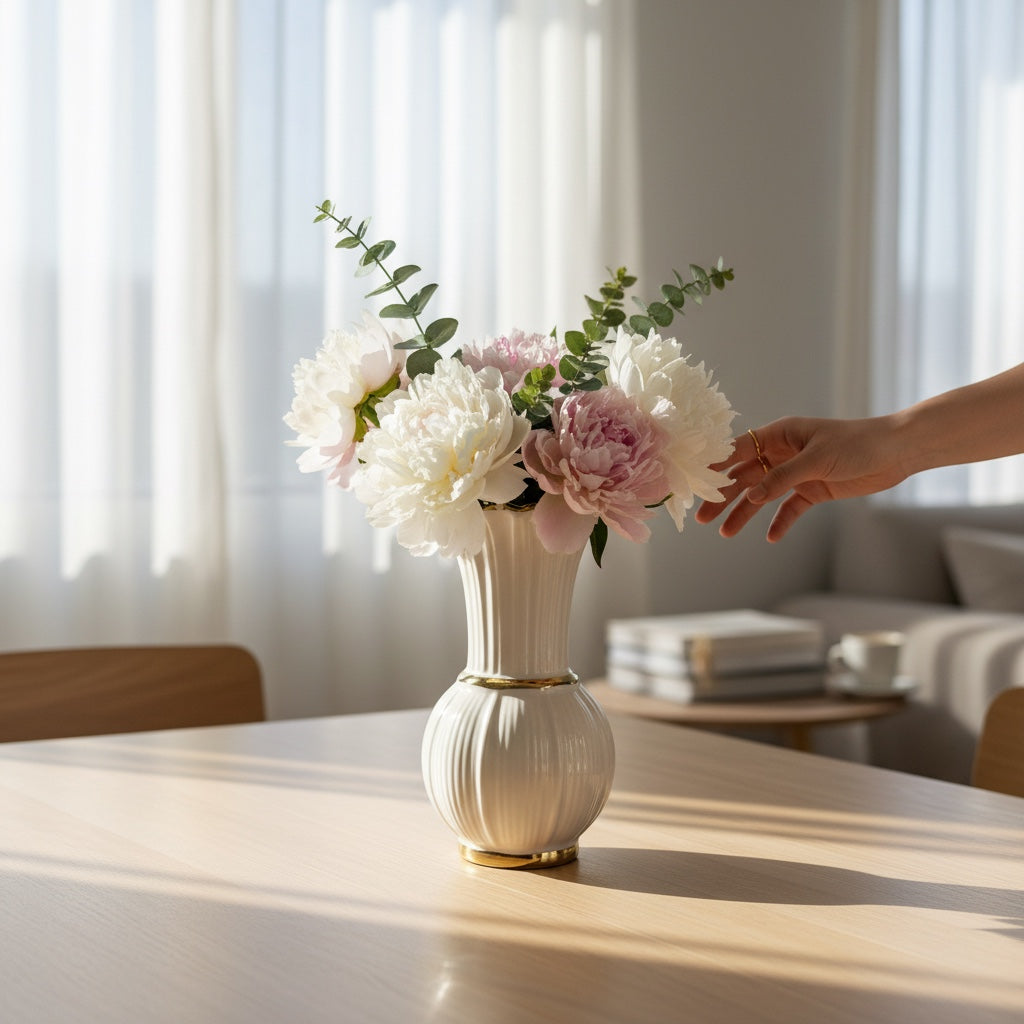 Vaso Decorativo em Cerâmica Branco com Detalhes Dourados