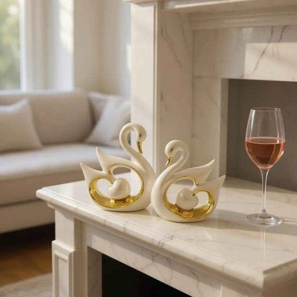 Par de Cisnes Decorativos Brancos com Detalhes Dourados