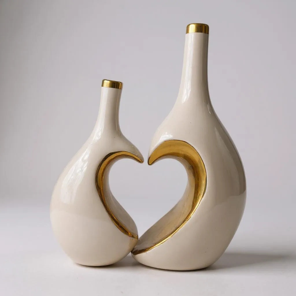 Conjunto de Vasos Decorativos com Coração Dourado Branco e Preto Alidolado