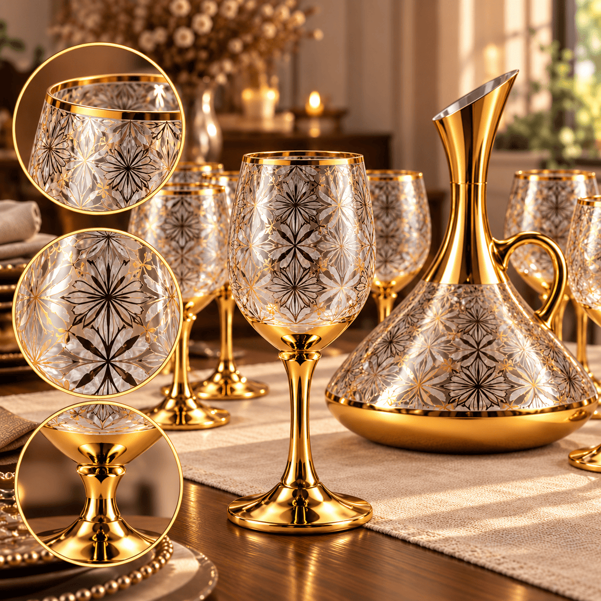 Conjunto Jarra Decanter de Vidro 1,5L Dourado com 6 Taças Decoradas Luxo Diversos Modelos
