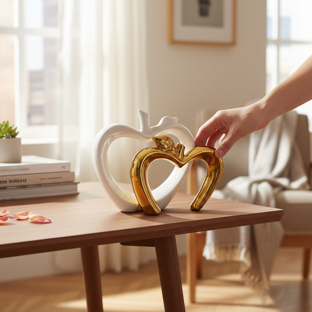 Escultura Decorativa Maçã em Cerâmica Branco com Dourado