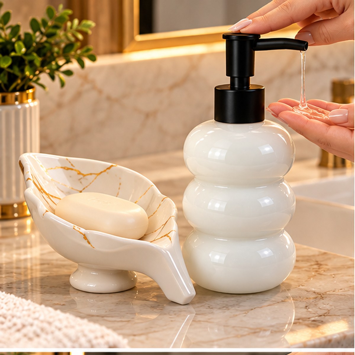 Kit Banheiro Dispenser Vidro Fosco 365ml com Saboneteira Cerâmica Preto ou Branco 2 Peças