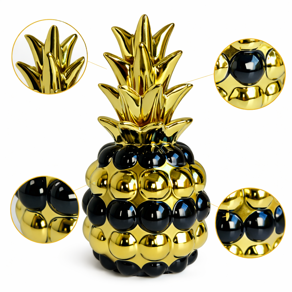 Escultura Decorativa Abacaxi em Cerâmica Dourado com Detalhes Pretos