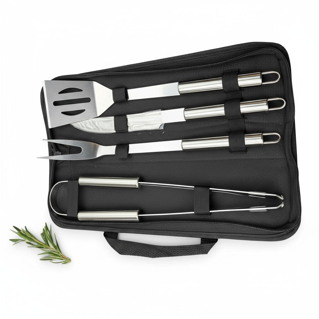 Kit para Churrasco com Estojo de Transporte – 4 Peças em Aço Inox