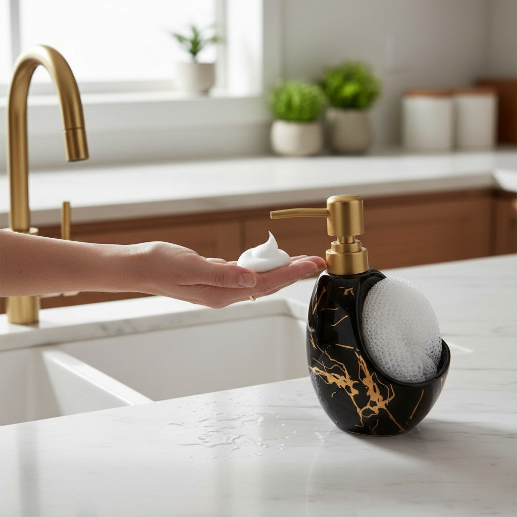 Dispenser de Sabonete Elegância em Cerâmica Branco ou Preto com Dourado
