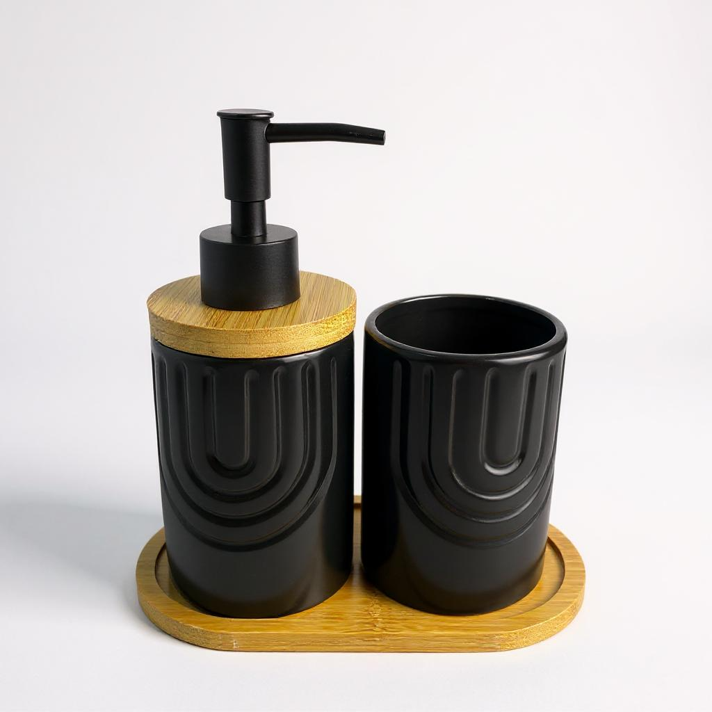 Conjunto de Banheiro com Bandeja de Bambu Branco com Dourado Alidolado
