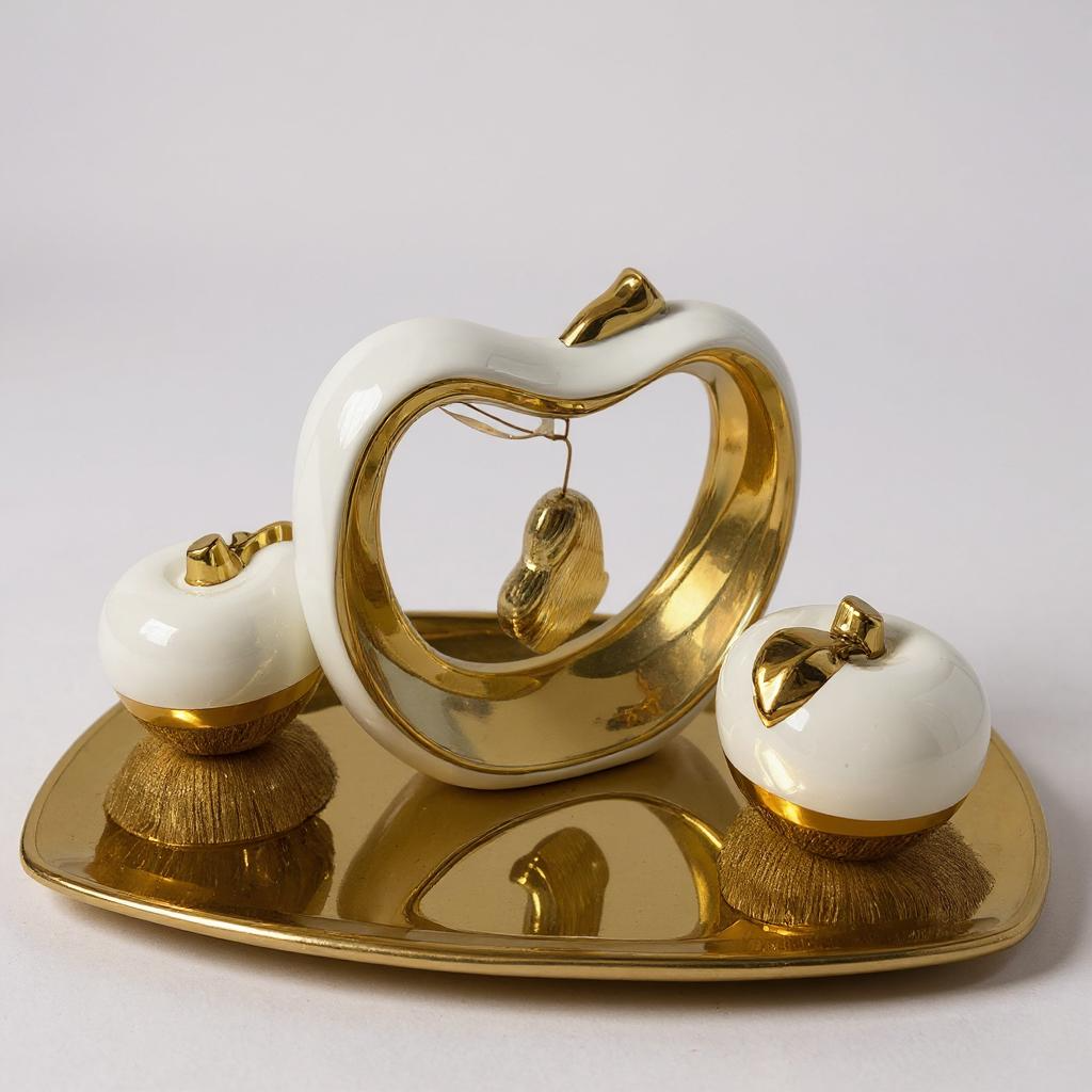 Conjunto Decorativo com Maçãs e Coração Dourado Branco Alidolado