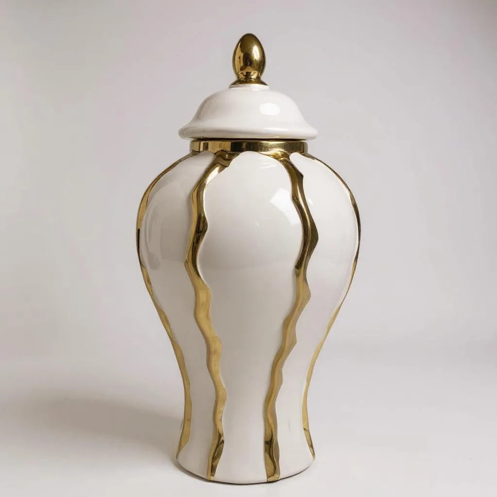 Pote Decorativo com Tampa e Detalhes Dourados Alidolado
