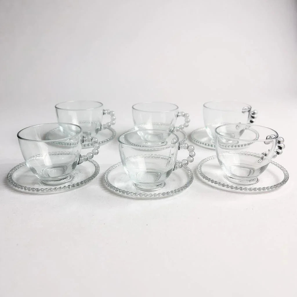 Conjunto com 6 Xícaras e 6 Pires de Vidro Transparente – 150ml
