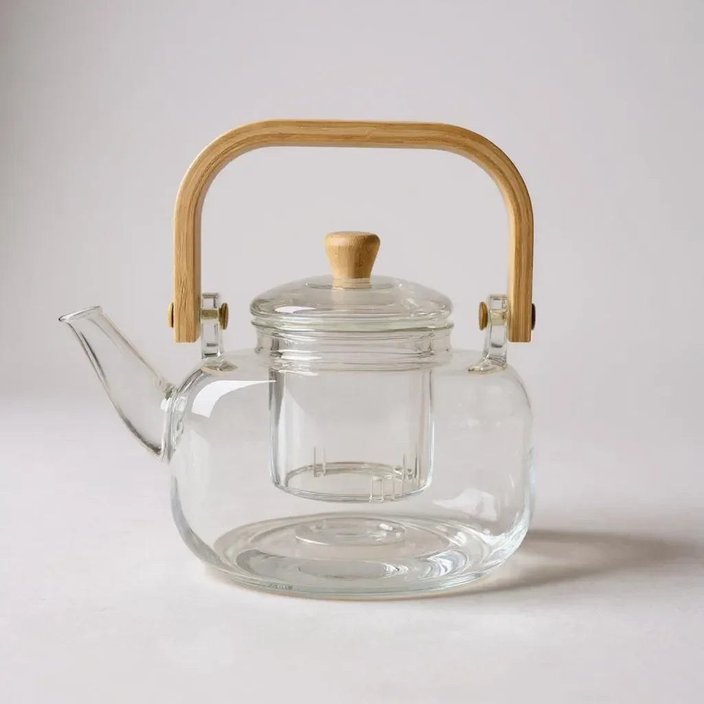 Chaleira de Vidro com Alça de Bambu e Tampa Decorativa