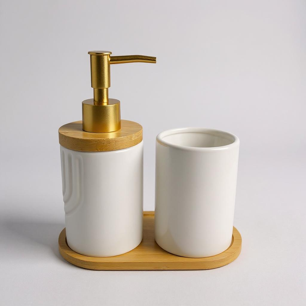 Conjunto de Banheiro com Bandeja de Bambu Branco com Dourado Alidolado