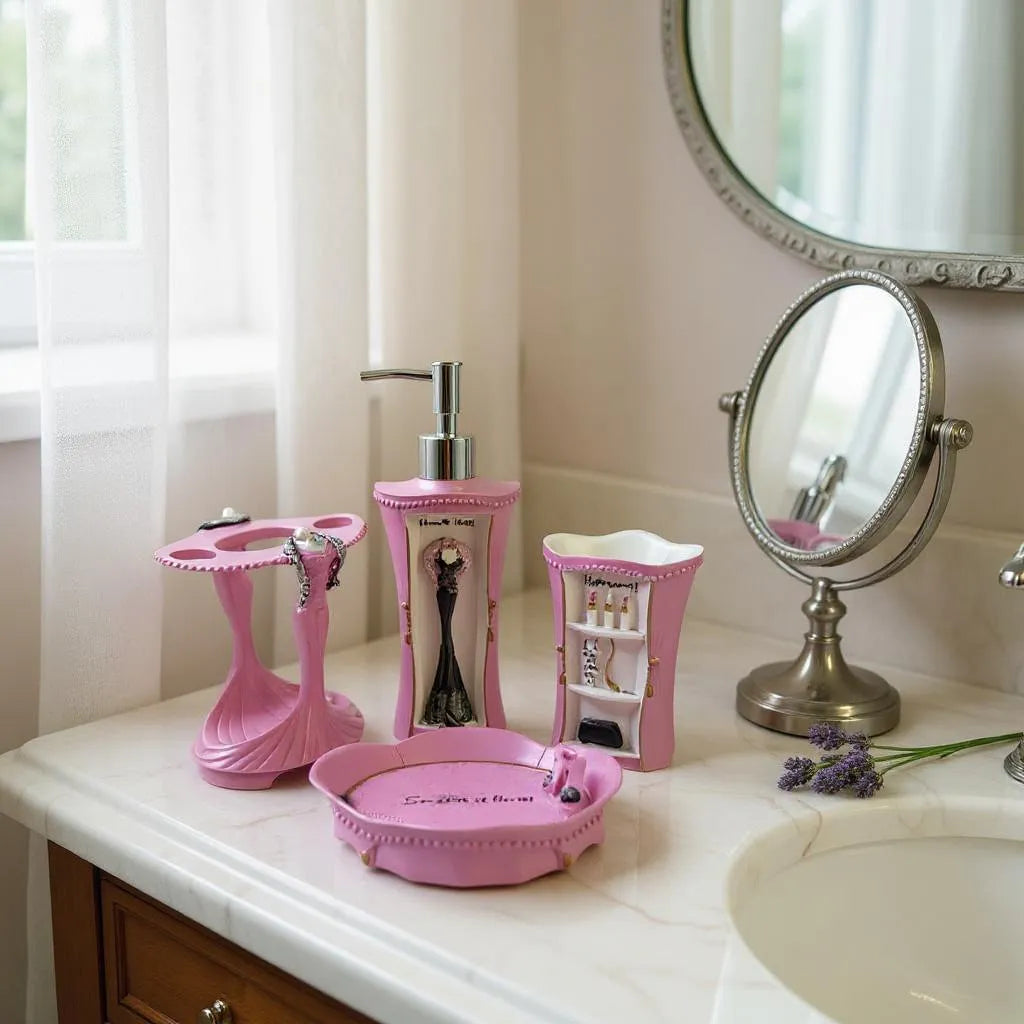 Conjunto de Acessórios para Banheiro Rosa Alidolado
