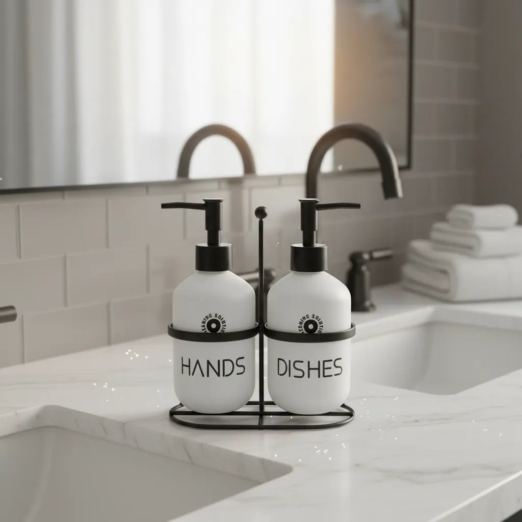 Kit Dispenser de Vidro Branco Fosco com Suporte Preto