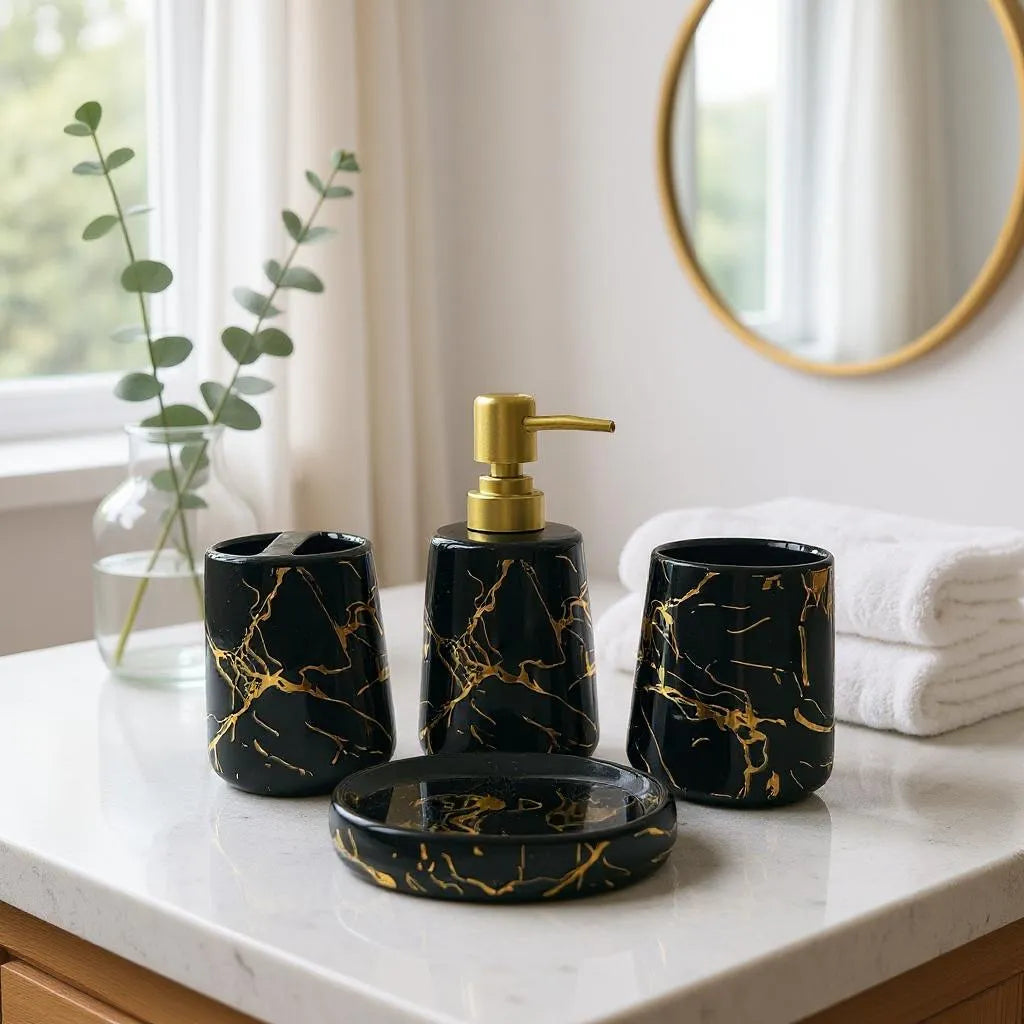 Conjunto de Banheiro Cerâmica Branco com Dourado Alidolado
