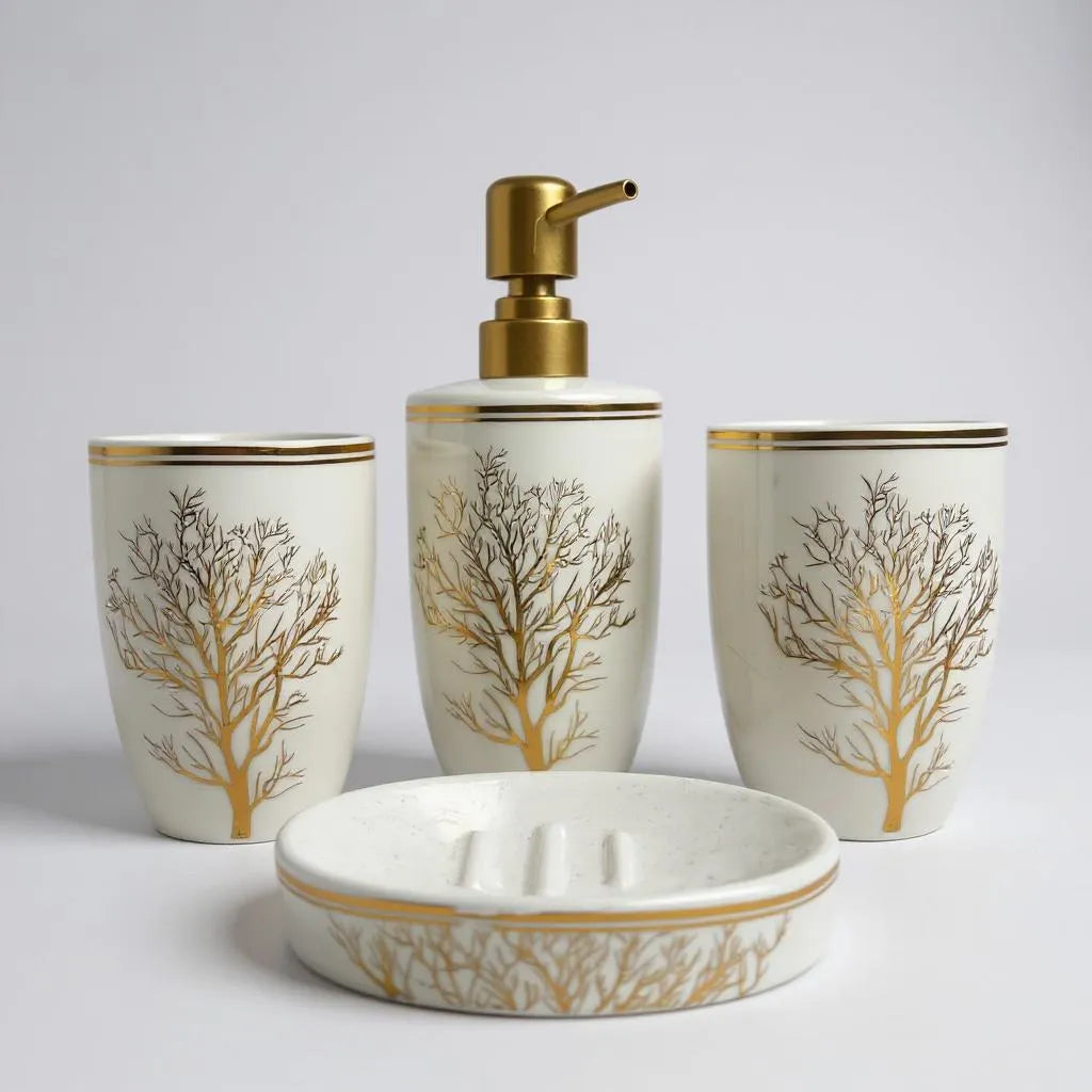 Conjunto de Banheiro Cerâmica Branco com Dourado Alidolado