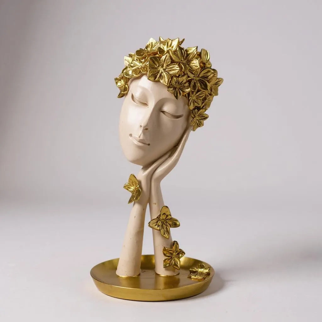 Escultura de Resina Flores e Borboletas Branco Alidolado