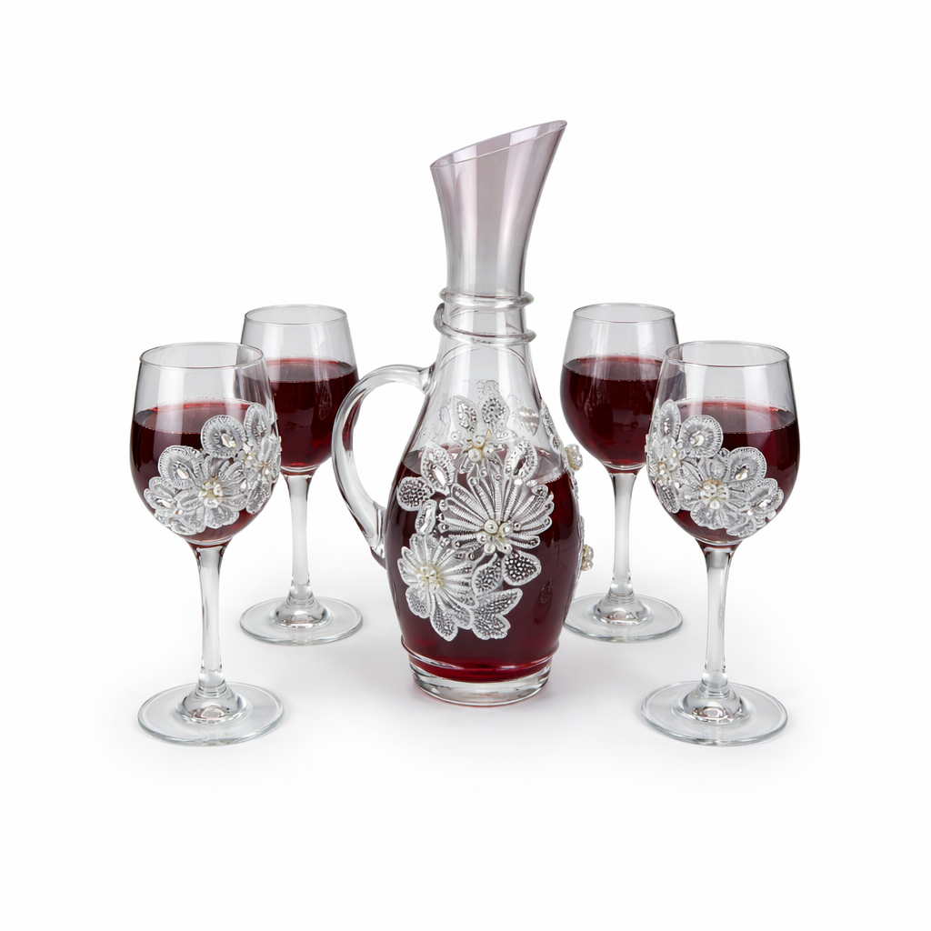 Conjunto de Jarra Vidro e Taças Florais