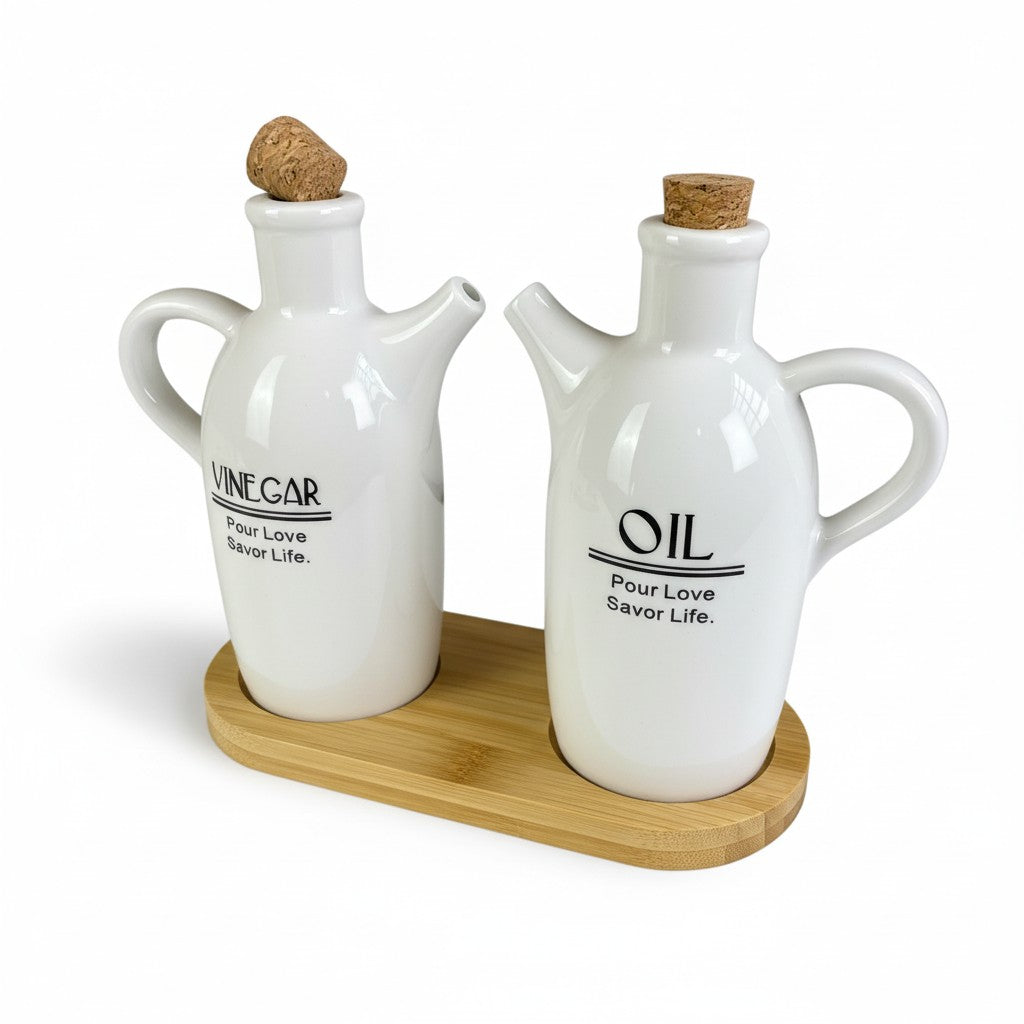 Conjunto para Cozinha de Cerâmica Branco com Tampa Rolha de Cortiça e Base de Bambu