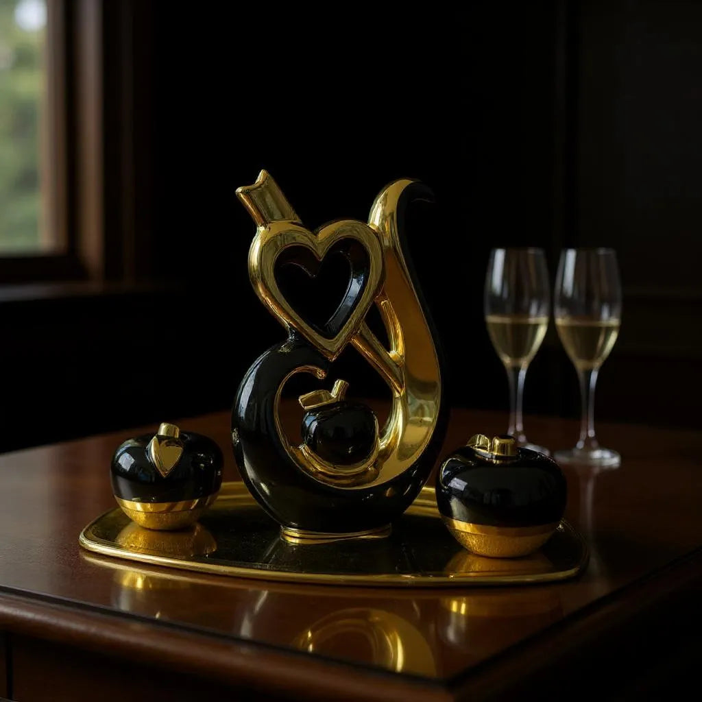 Conjunto Decorativo com Maçãs e Coração Dourado Preto Alidolado