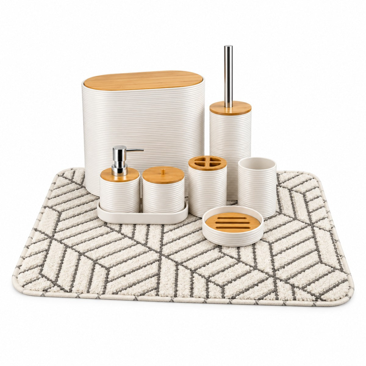 Kit Banheiro Completo com Tapete Antiderrapante 9 Peças Bambu Lixeira Dispenser Bandeja Lavabo