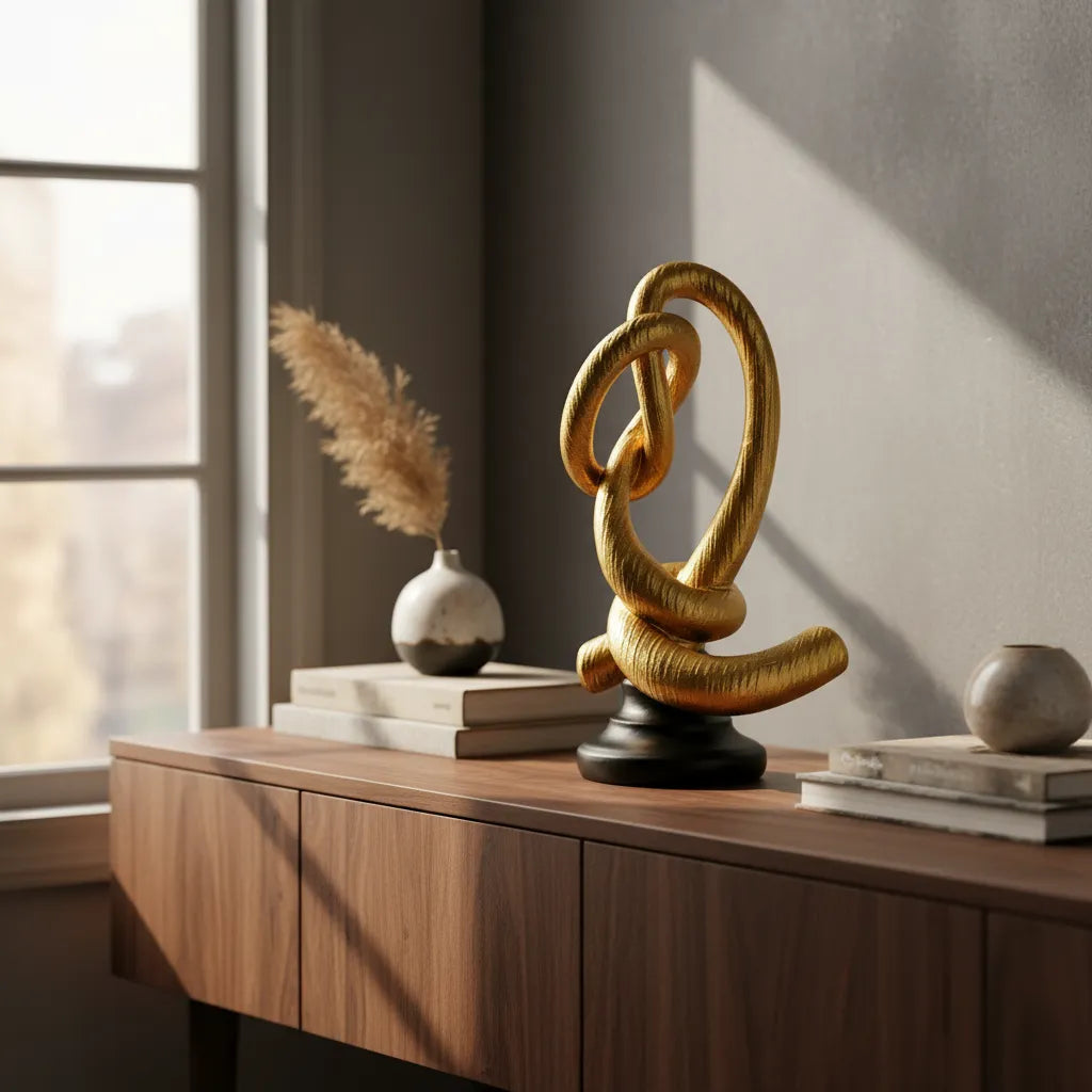 Escultura Decorativa Entrelaçada Dourada com Base Preta em Resina