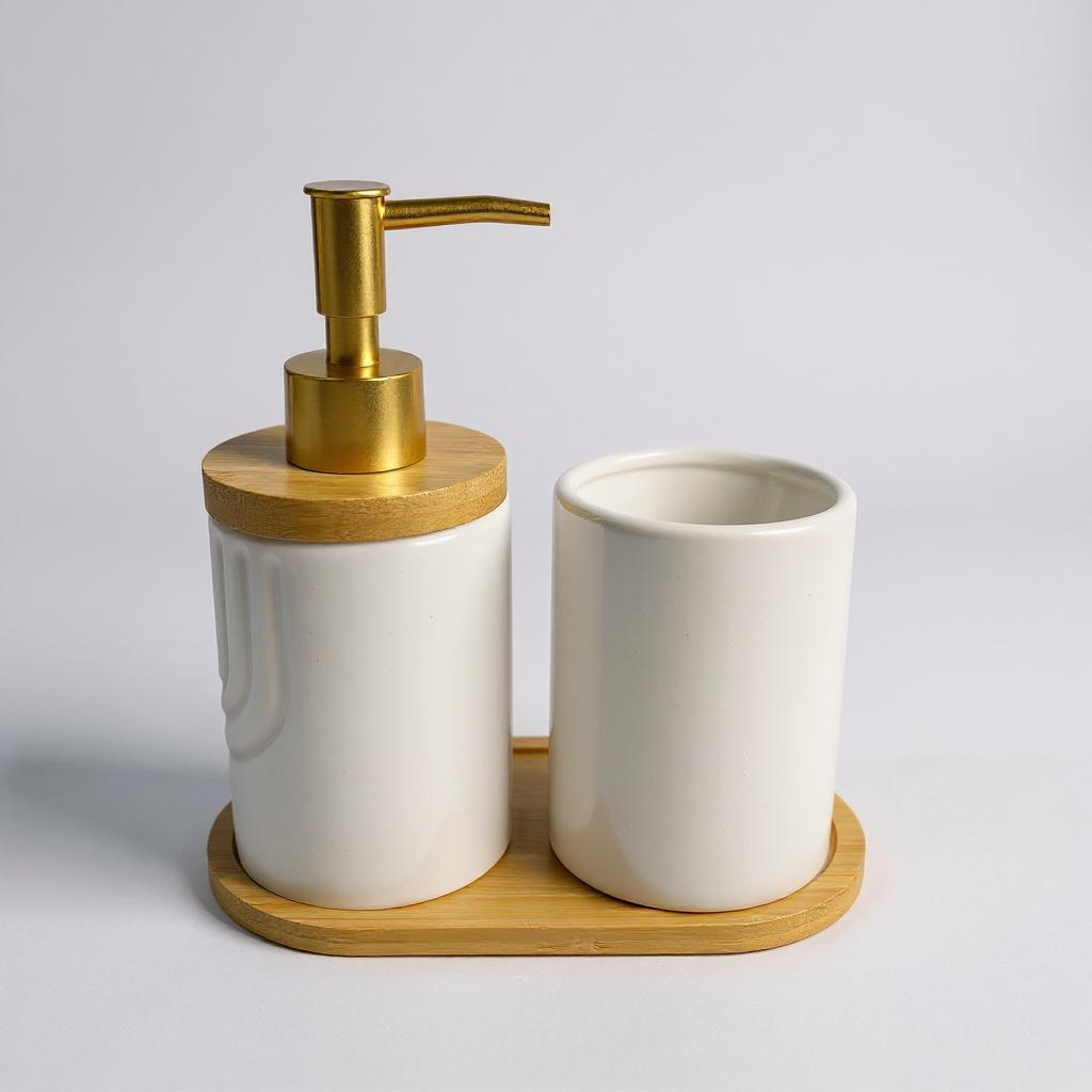 Conjunto de Banheiro com Bandeja de Bambu Branco com Dourado Alidolado