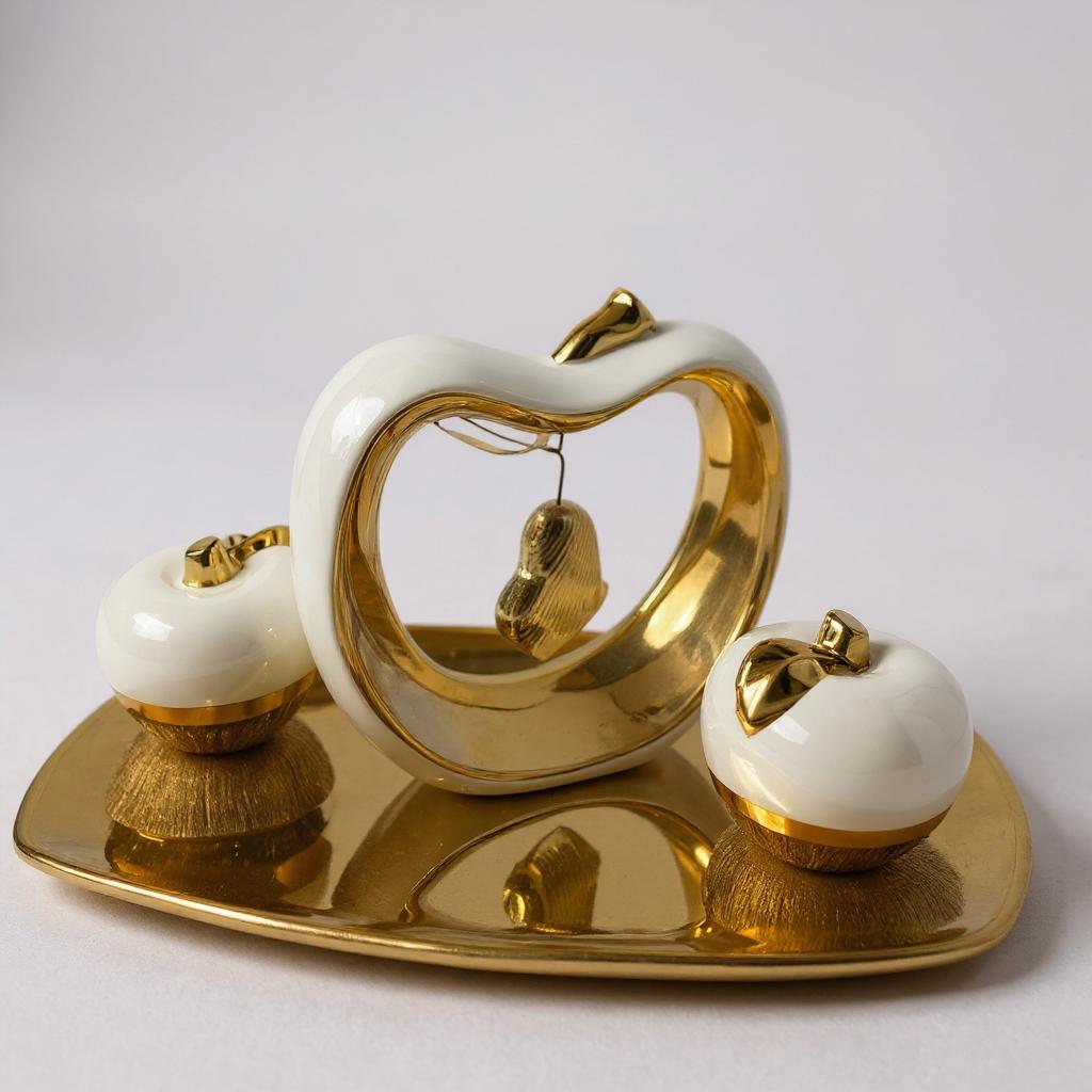 Conjunto Decorativo com Maçãs e Coração Dourado Branco Alidolado
